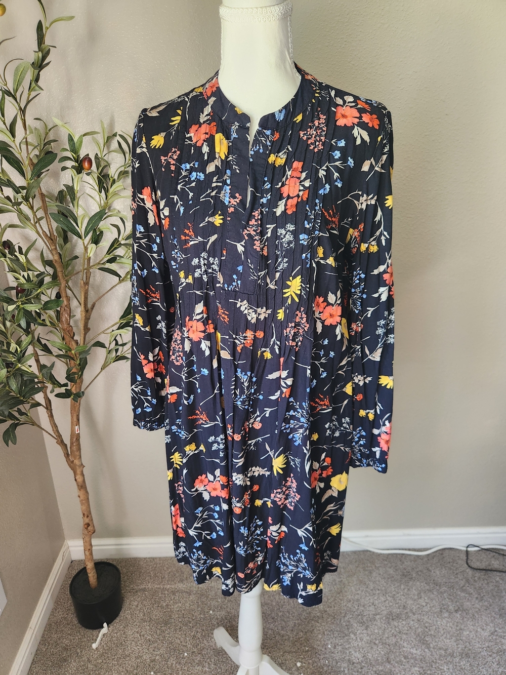 Old Navy Navy Floral Long-Sleeve Swing Dress - Coral, Yellow, Light Blue